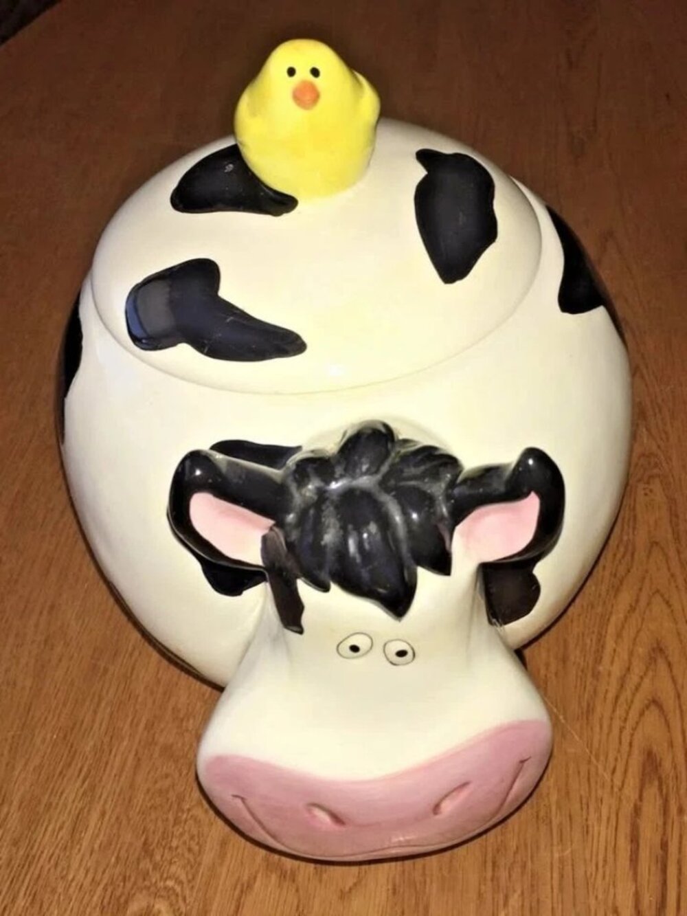 Spotted Cow Ceramic Cookie Jar Yellow Chick Bird on Lid 10” Tall Farm House  10